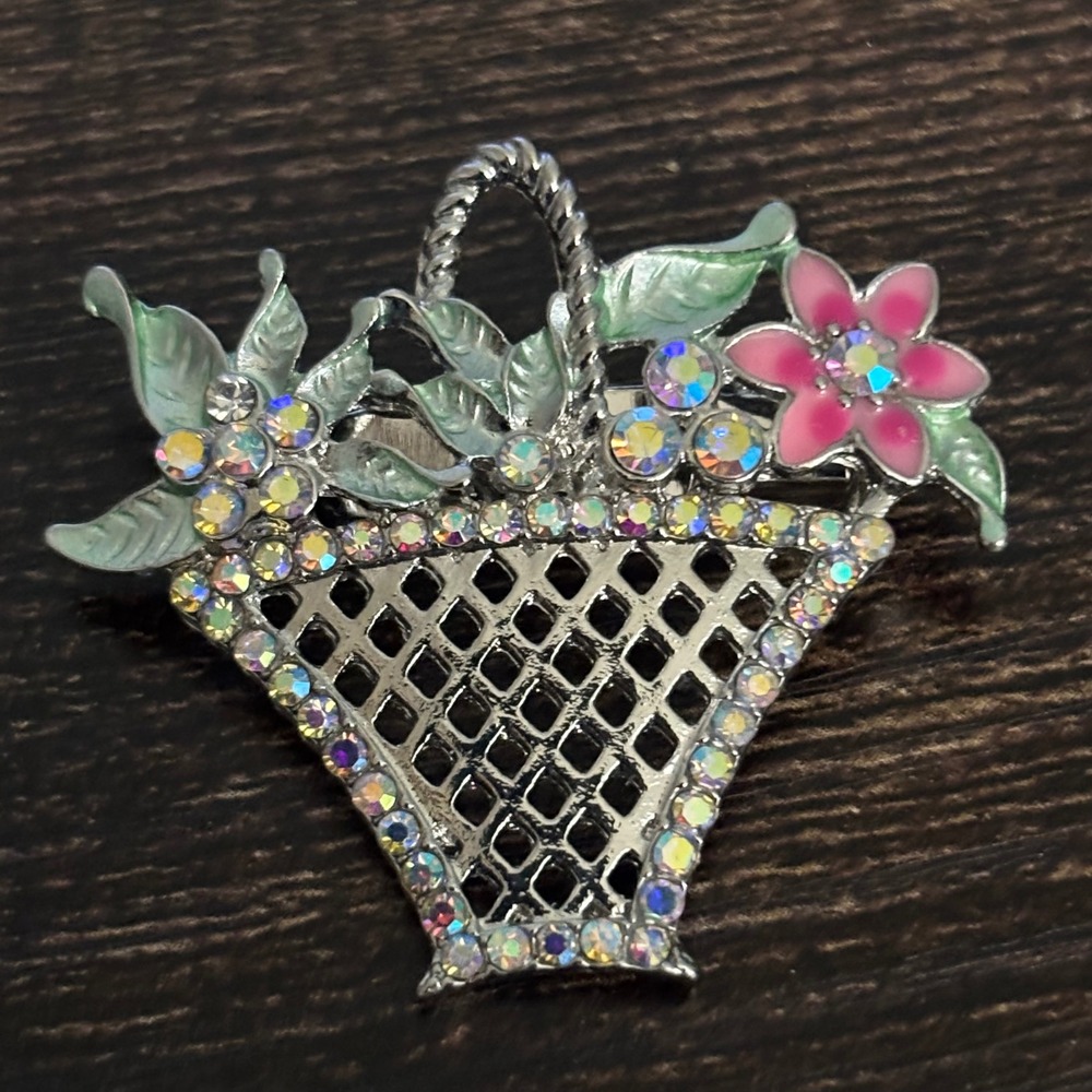 Vintage Style‎ Silver Tone Flower Basket Brooch AB Rhinestone Enamel Pin